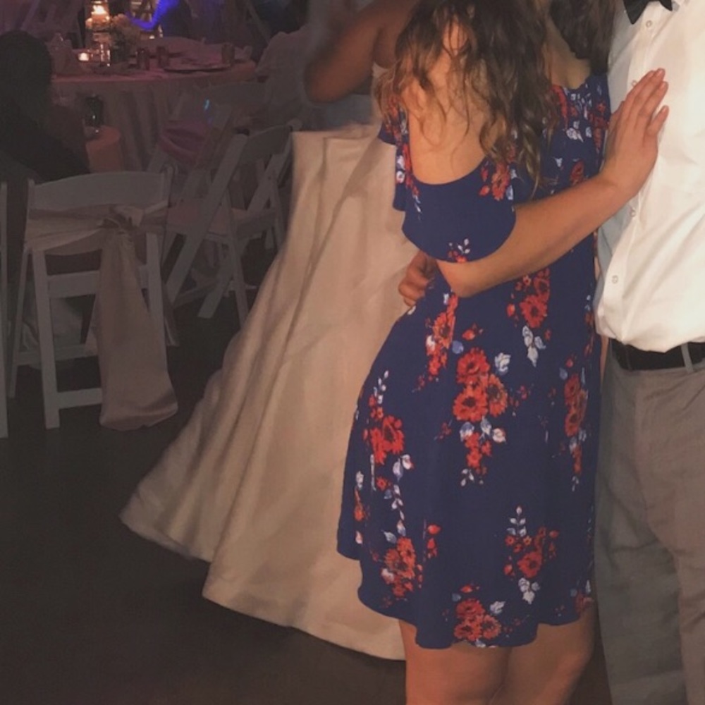 blue floral off the shoulder dress